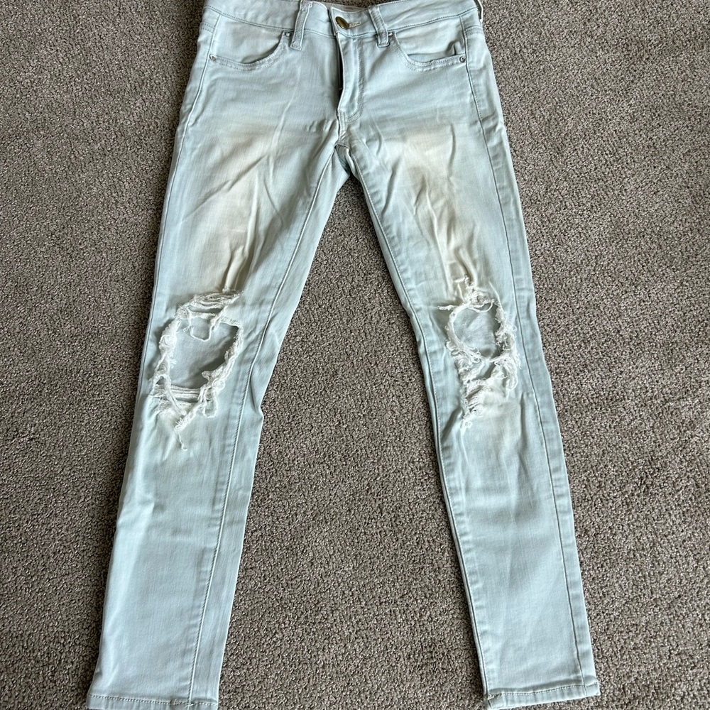 American Eagle Outfitters Blue Skinny Jeans with Distressed Details